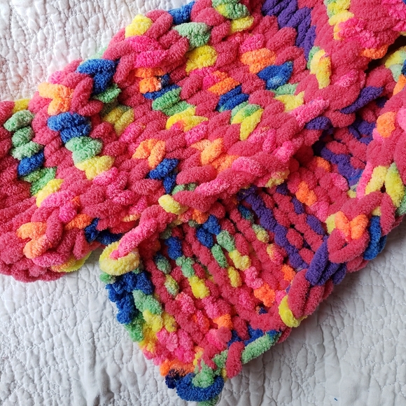 Hand-knit Pink & 🌈 Striped Scarf - Picture 3 of 5